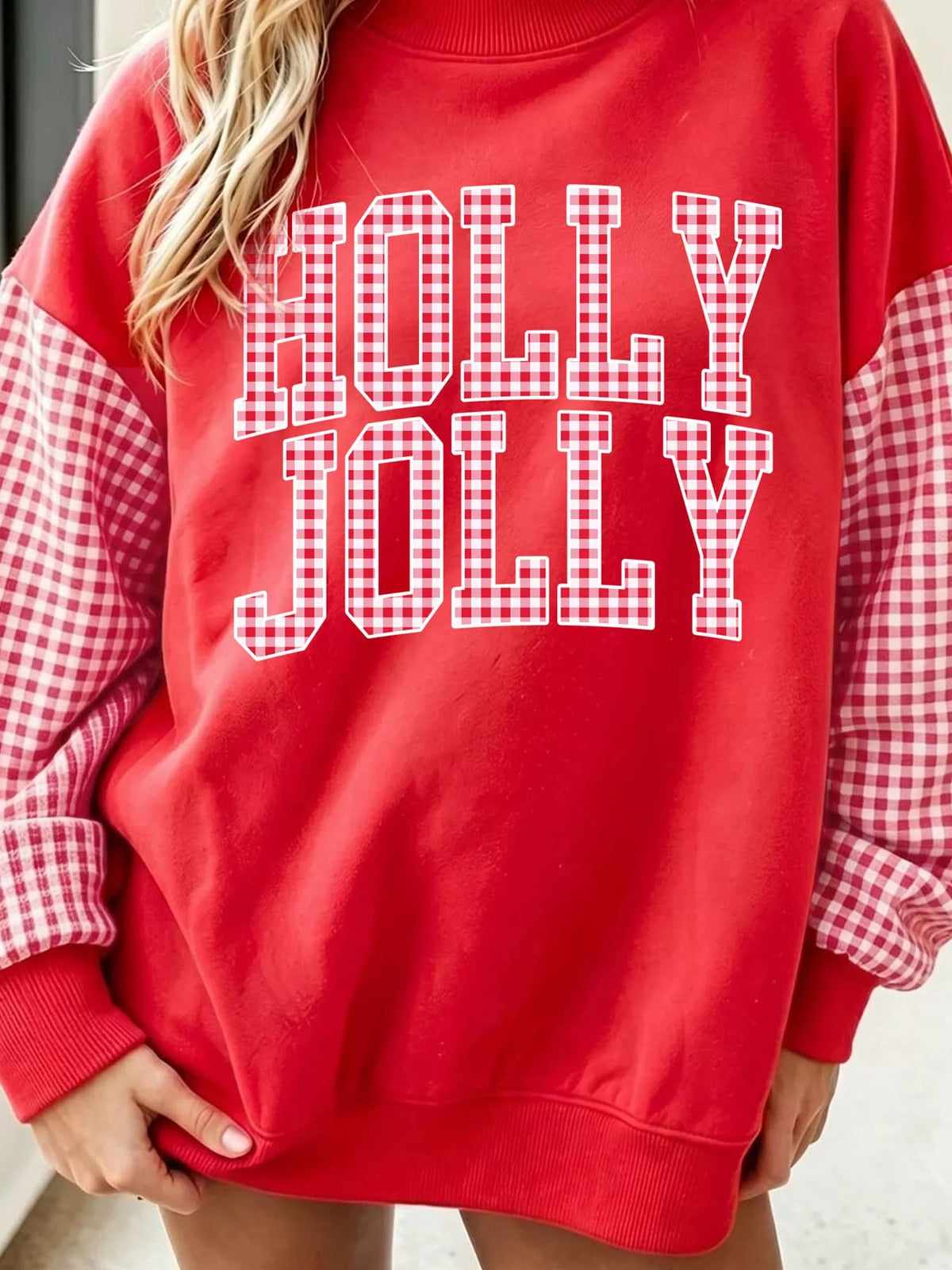 Christmas Slogan Plaid Sleeve Patchwork Holiday Sweatshirt - Bitsy Gypsy Boutique