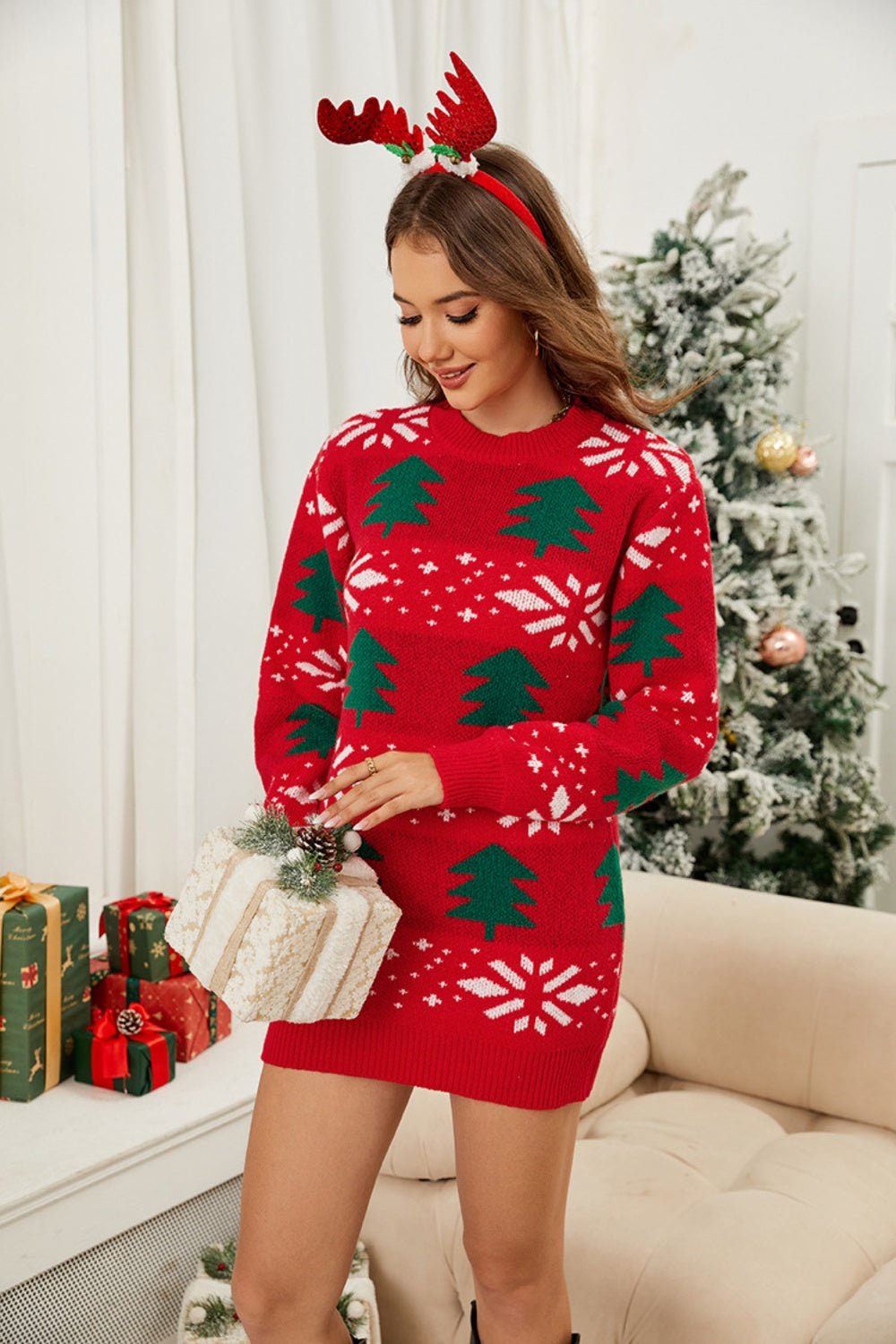 Christmas Tree Round Neck Sweater Dress - Bitsy Gypsy Boutique