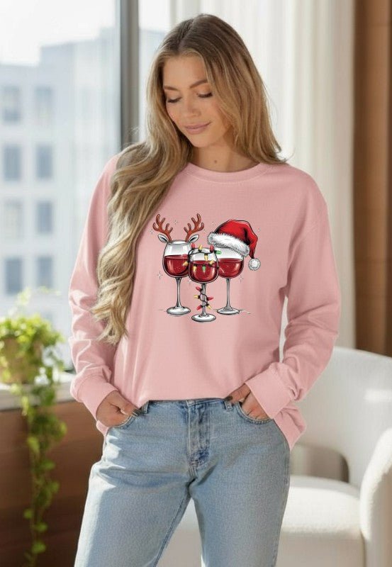 Christmas Wine Glass Long Sleeve Graphic Tee - Bitsy Gypsy Boutique