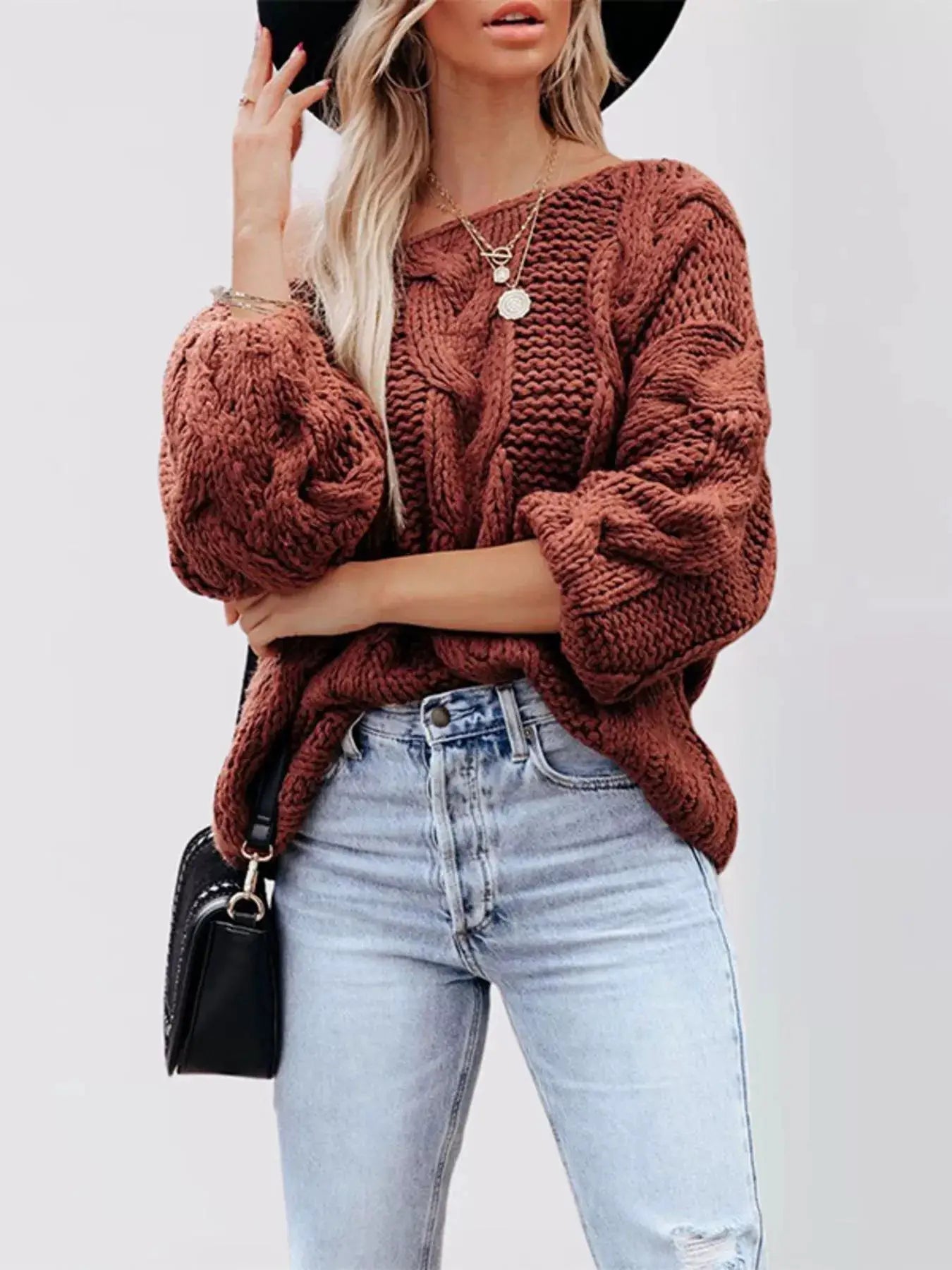 Chunky Cable Knit Long Sleeve Sweater by Trendsi