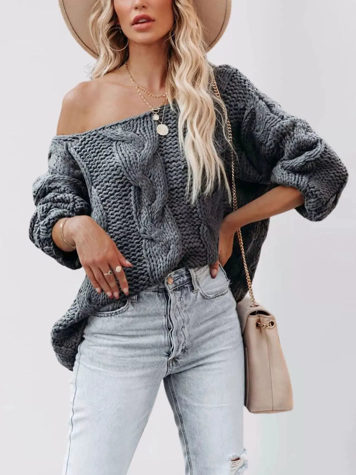 Chunky Cable Knit Long Sleeve Sweater by Trendsi