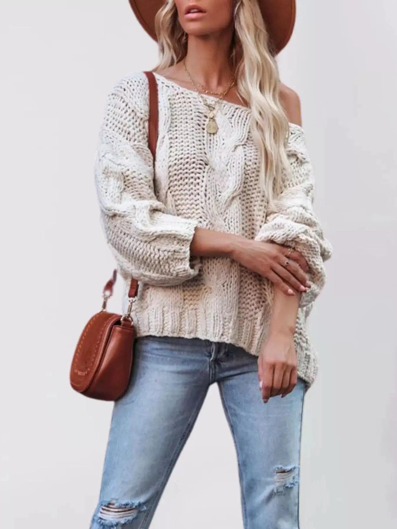 Chunky Cable Knit Long Sleeve Sweater by Trendsi