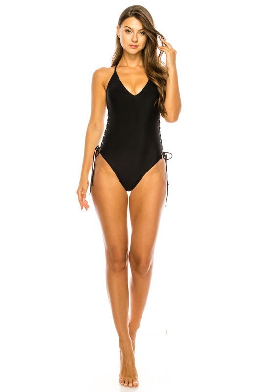 Classic baywatch style one piece with crossed back - Bitsy Gypsy Boutique