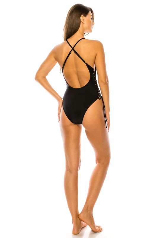 Classic baywatch style one piece with crossed back - Bitsy Gypsy Boutique