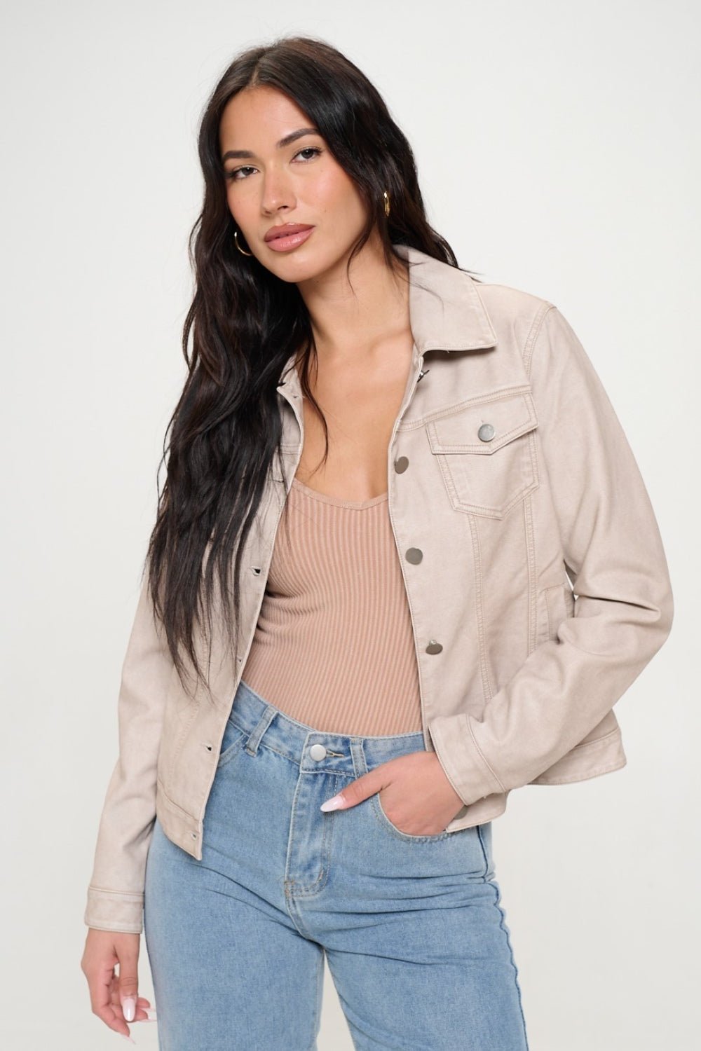 Coalition LA Button Down Cargo Vegan Leather Shacket - Bitsy Gypsy Boutique