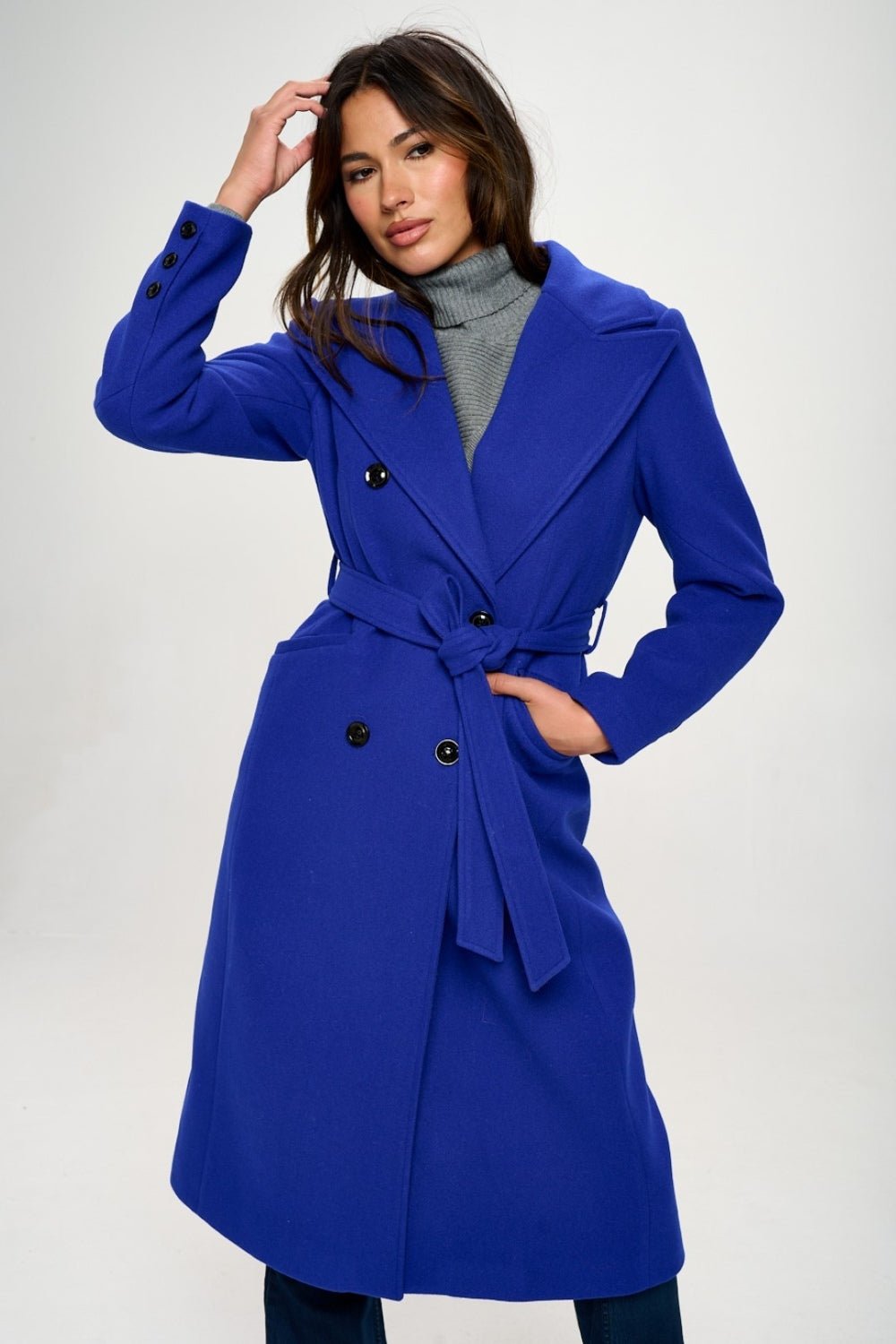 Coalition LA Double - Breasted Longline Coat with Belt - Bitsy Gypsy Boutique