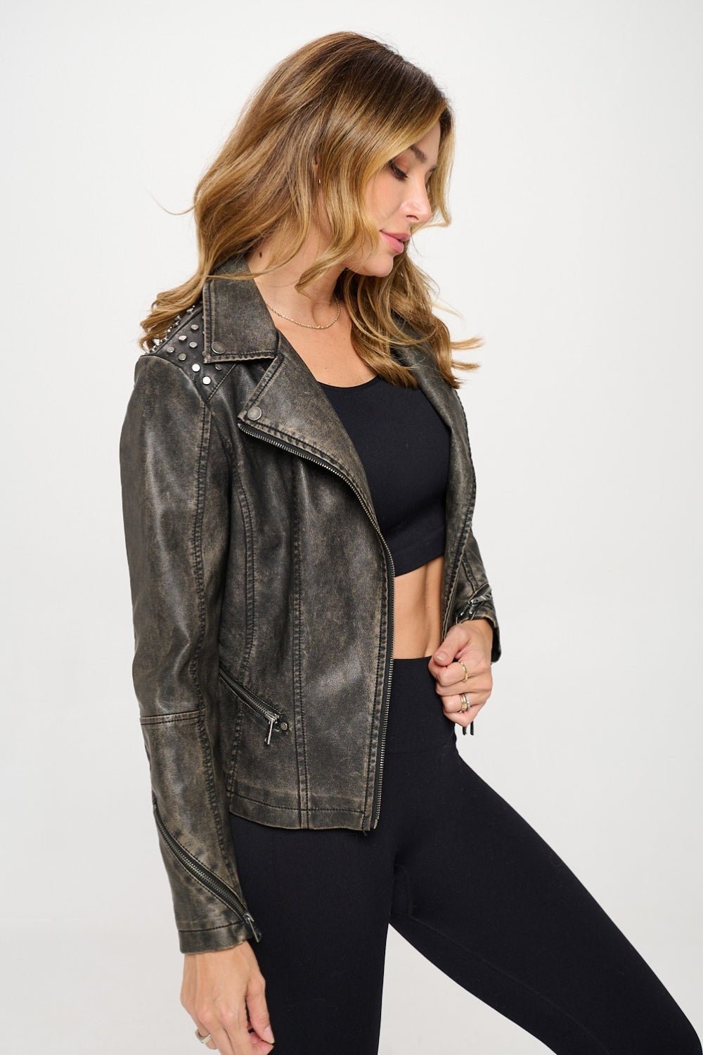 Coalition LA Studded Classic Moto Faux Leather Jacket - Bitsy Gypsy Boutique