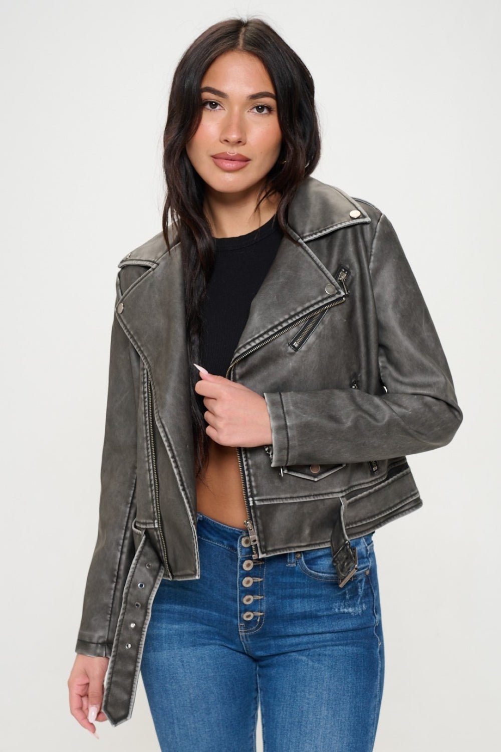 Coalition LA Zip Up Biker Jacket with Belt - Bitsy Gypsy Boutique