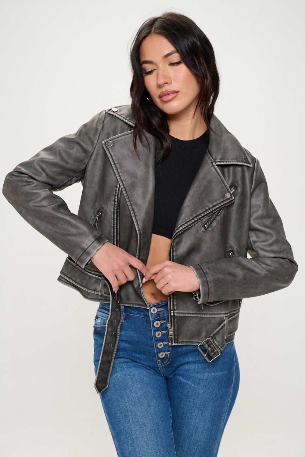 Coalition LA Zip Up Biker Jacket with Belt - Bitsy Gypsy Boutique