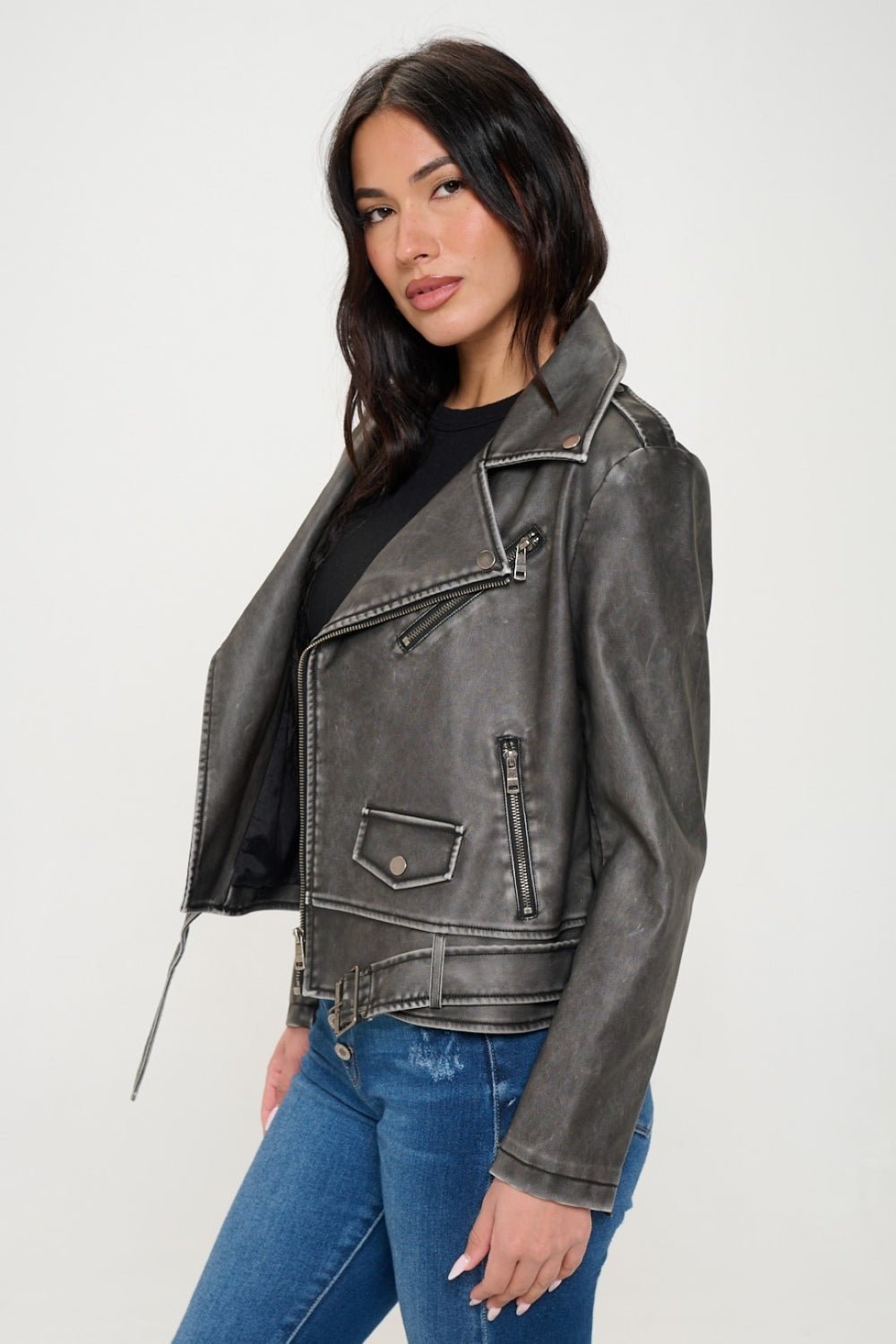 Coalition LA Zip Up Biker Jacket with Belt - Bitsy Gypsy Boutique