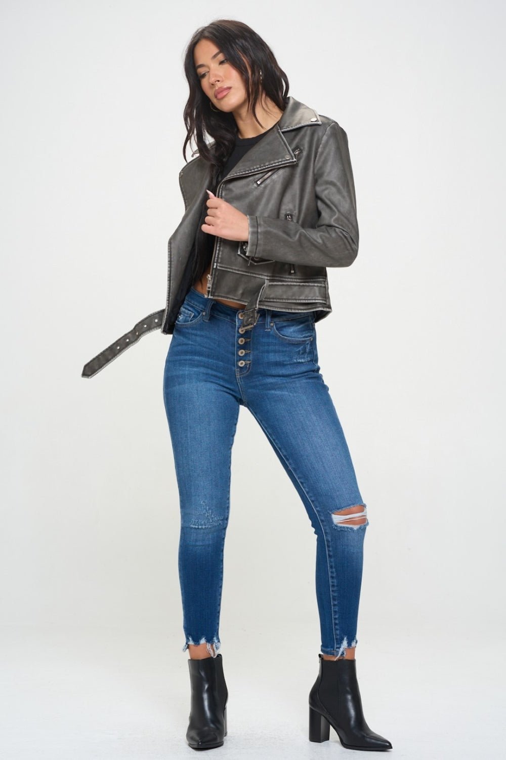 Coalition LA Zip Up Biker Jacket with Belt - Bitsy Gypsy Boutique