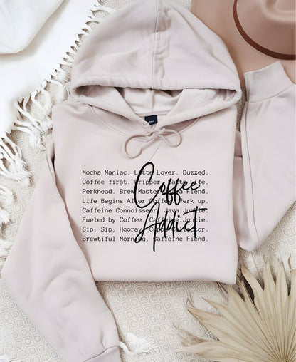 Coffee Addict Words Graphic Hoodie - Bitsy Gypsy Boutique