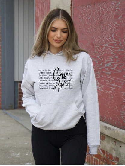 Coffee Addict Words Graphic Hoodie - Bitsy Gypsy Boutique