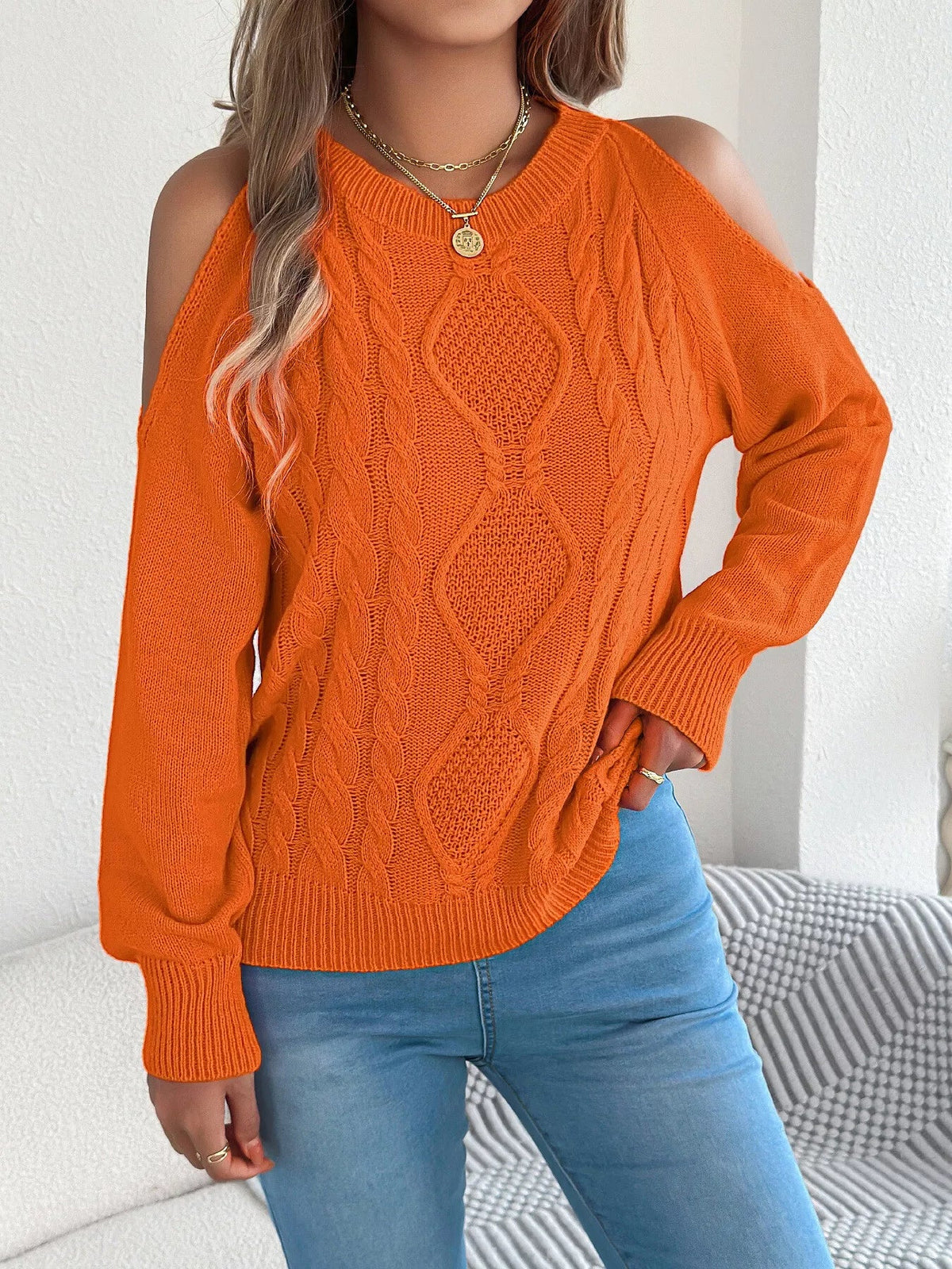 Cold Shoulder Cable Knit Sweater - Bitsy Gypsy Boutique
