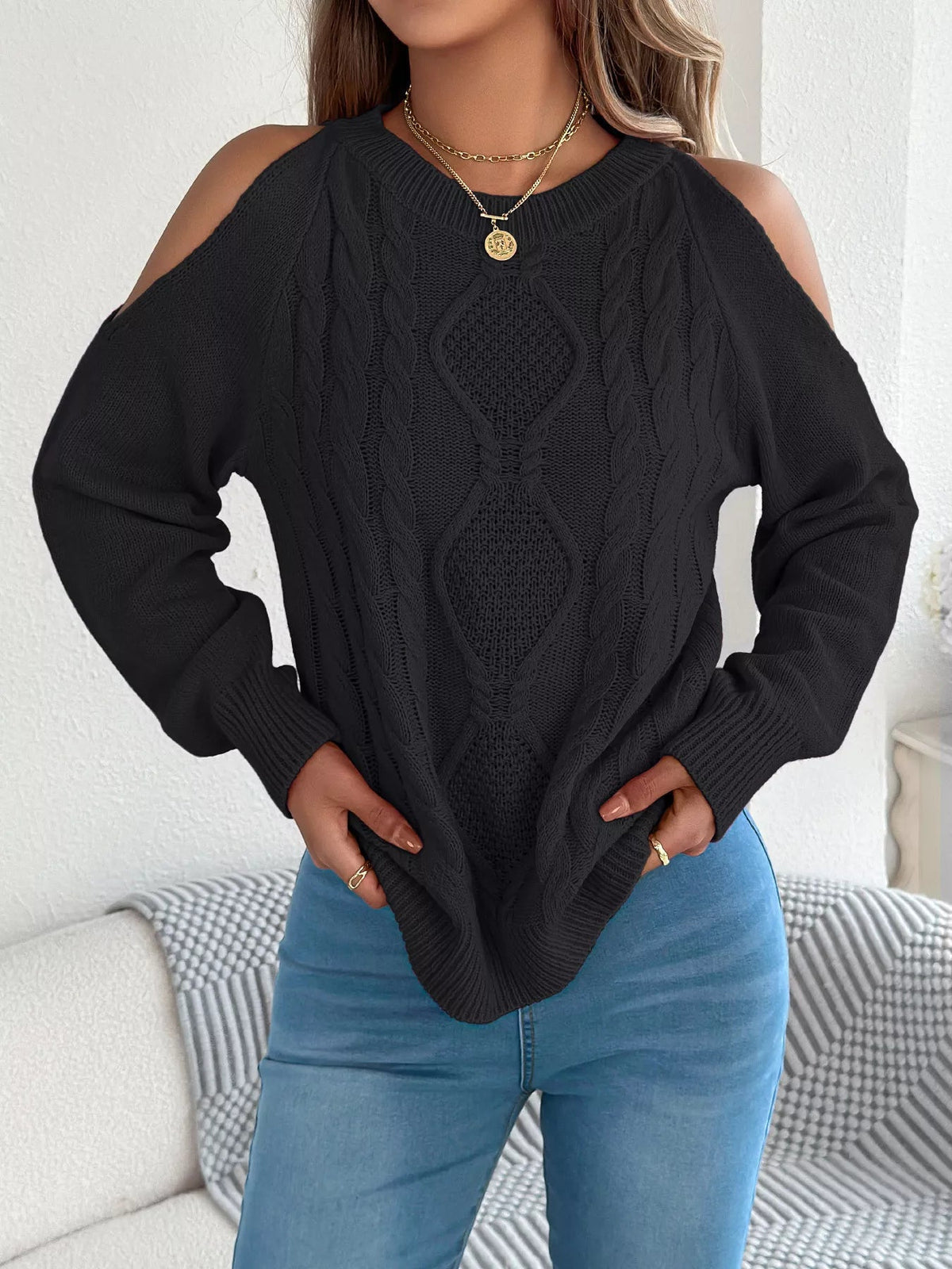 Cold Shoulder Cable Knit Sweater - Bitsy Gypsy Boutique