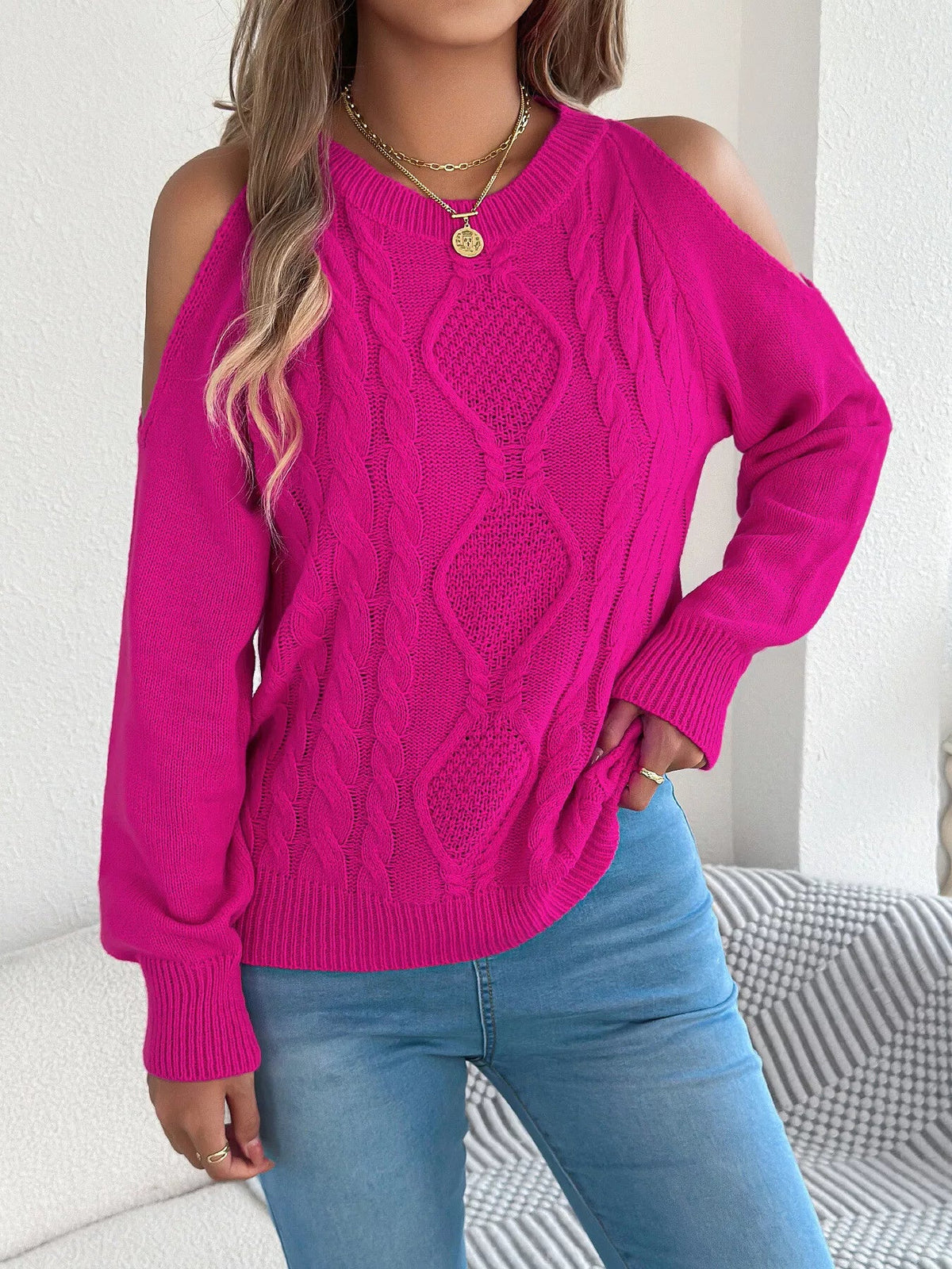 Cold Shoulder Cable Knit Sweater - Bitsy Gypsy Boutique