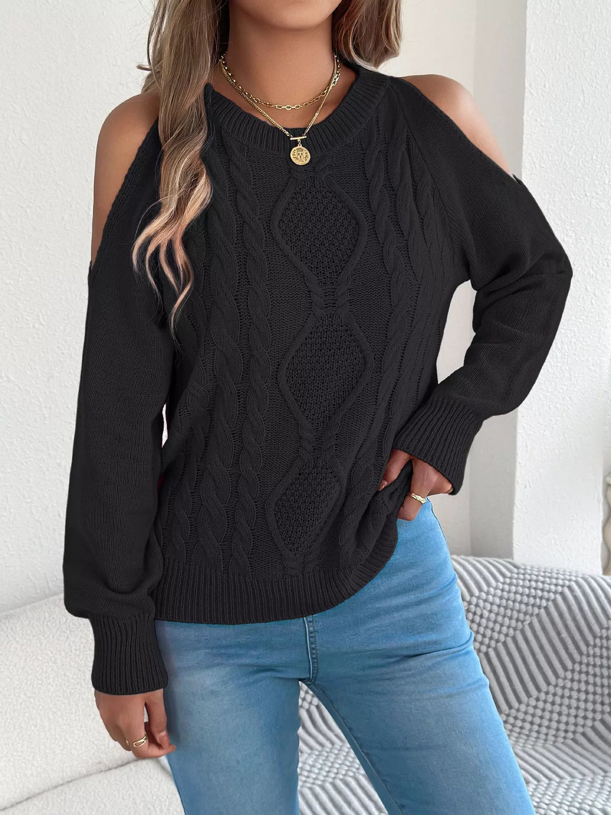 Cold Shoulder Cable Knit Sweater - Bitsy Gypsy Boutique