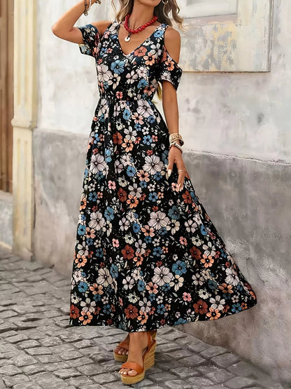 Cold Shoulder Floral Print Maxi Dress - Bitsy Gypsy Boutique