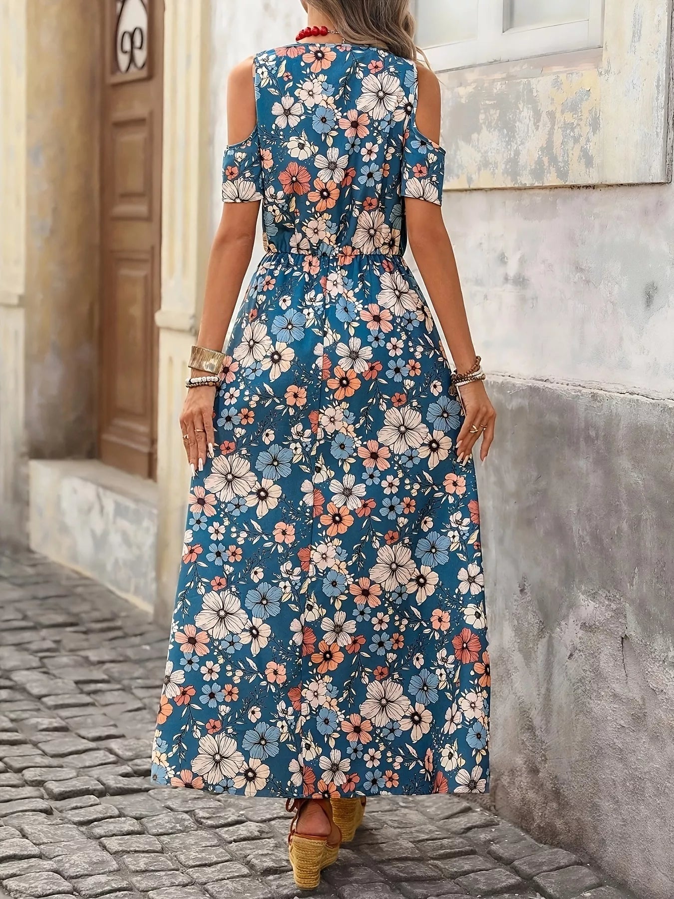 Cold Shoulder Floral Print Maxi Dress - Bitsy Gypsy Boutique