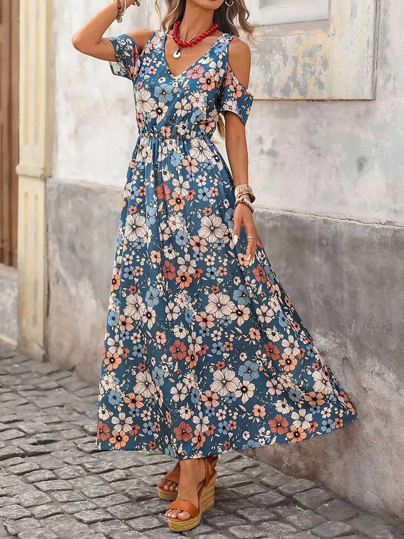 Cold Shoulder Floral Print Maxi Dress - Bitsy Gypsy Boutique