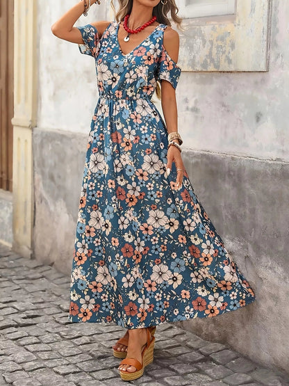 Cold Shoulder Floral Print Maxi Dress - Bitsy Gypsy Boutique