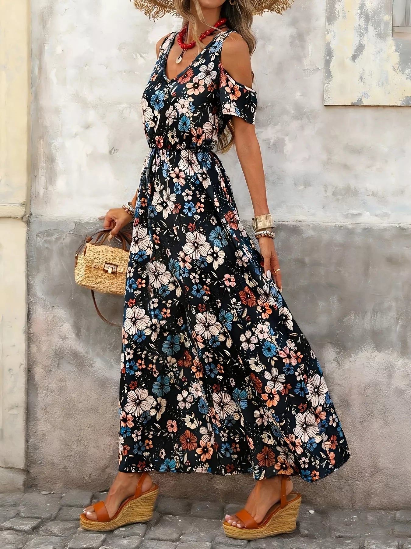 Cold Shoulder Floral Print Maxi Dress - Bitsy Gypsy Boutique