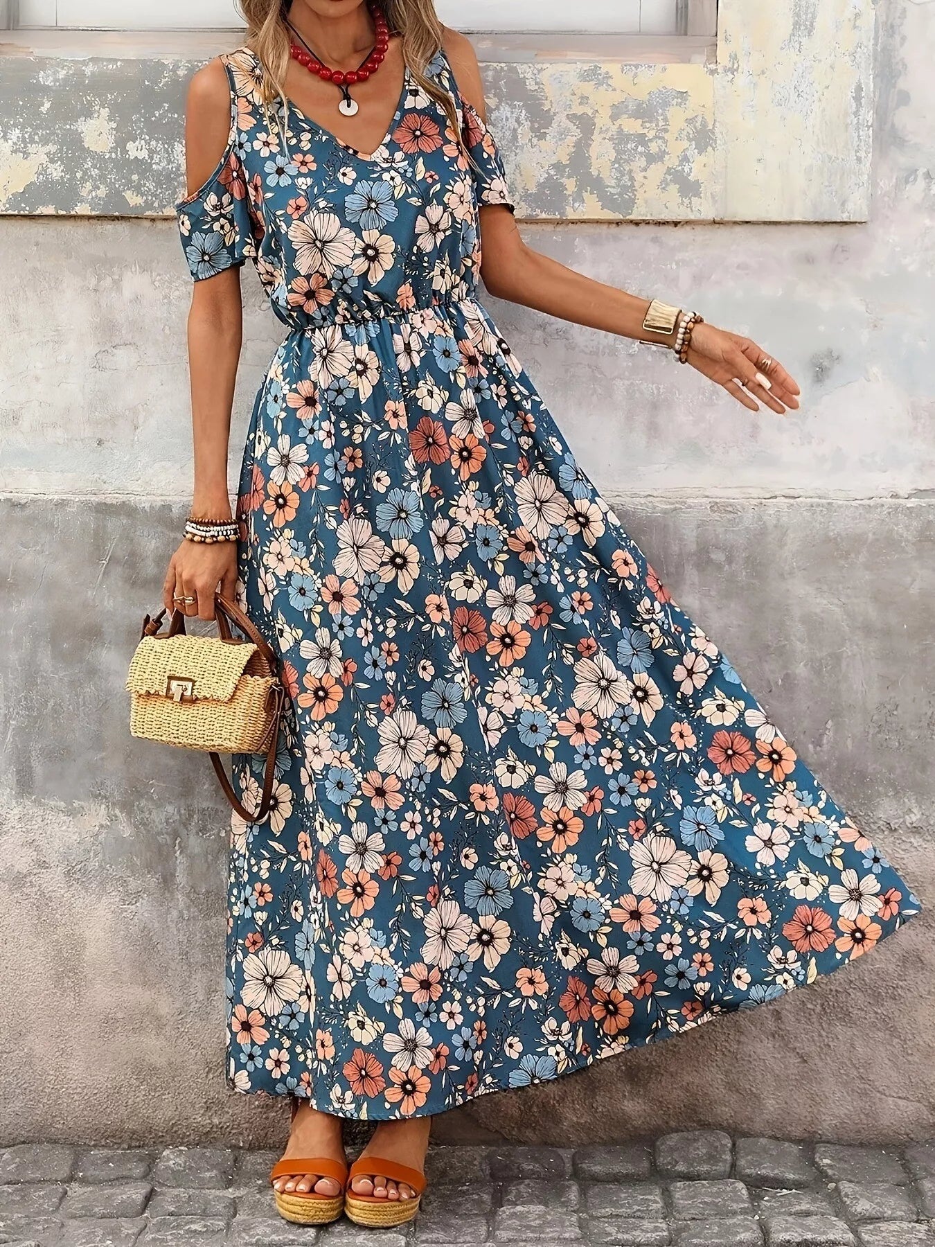 Cold Shoulder Floral Print Maxi Dress - Bitsy Gypsy Boutique