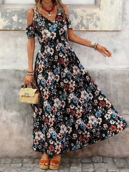 Cold Shoulder Floral Print Maxi Dress - Bitsy Gypsy Boutique