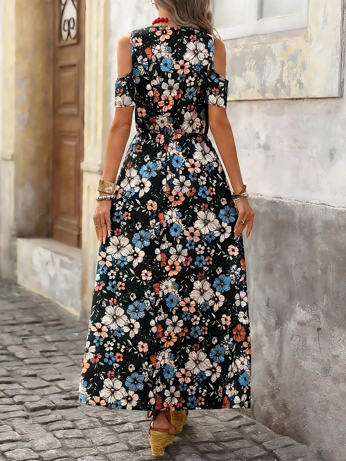 Cold Shoulder Floral Print Maxi Dress - Bitsy Gypsy Boutique
