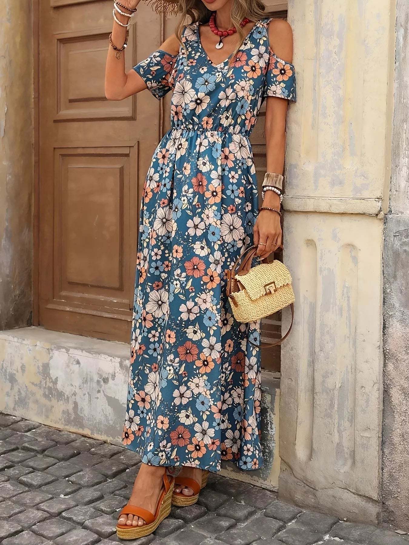 Cold Shoulder Floral Print Maxi Dress - Bitsy Gypsy Boutique