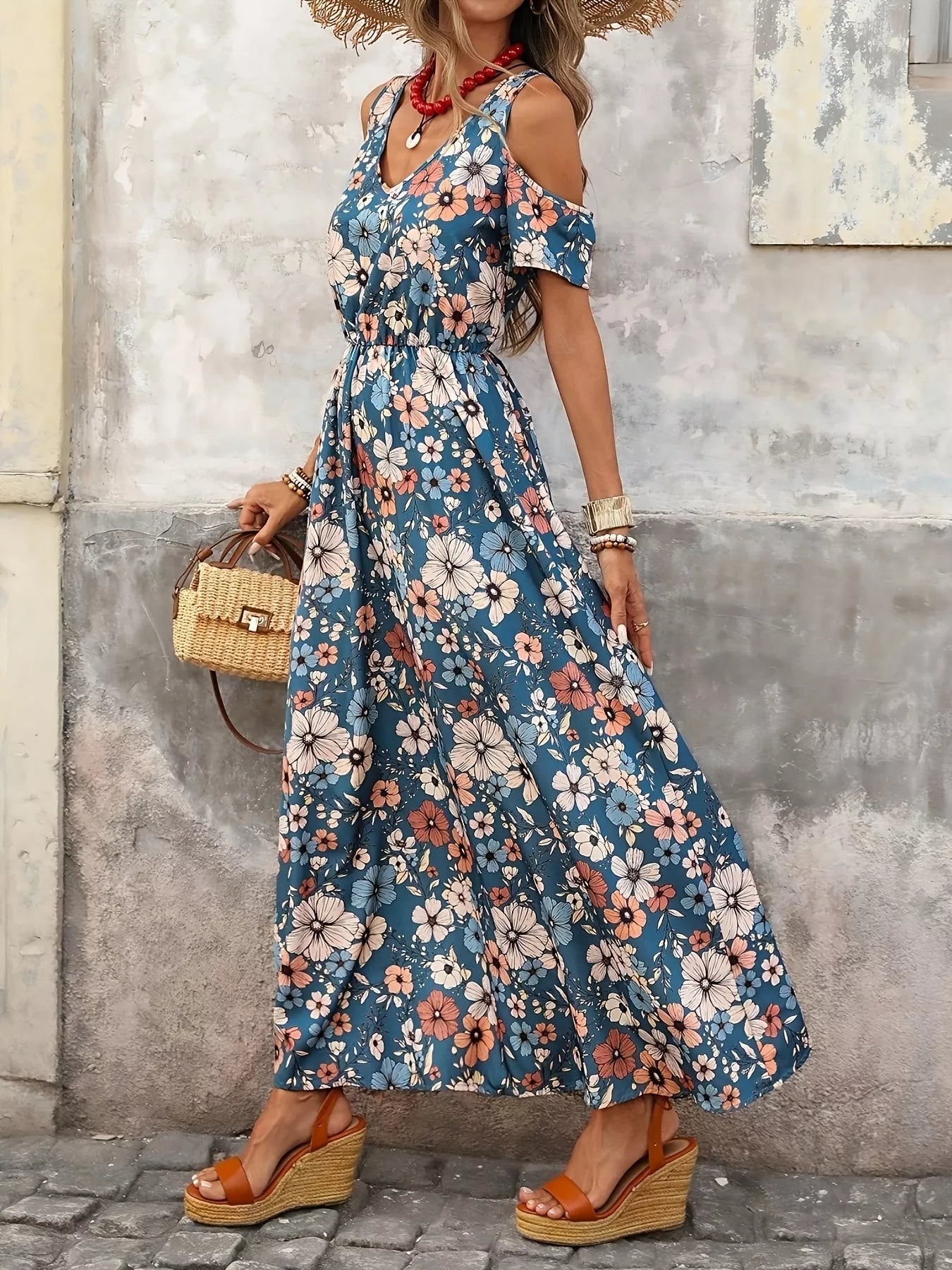Cold Shoulder Floral Print Maxi Dress - Bitsy Gypsy Boutique