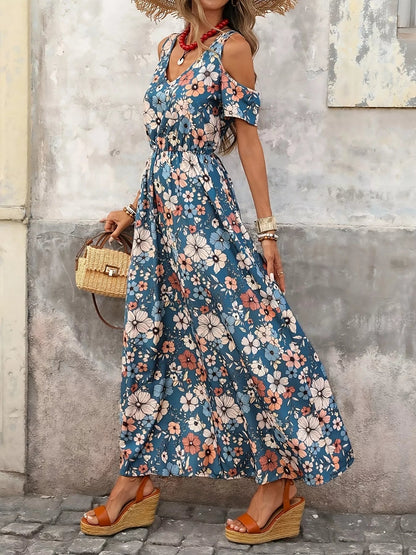 Cold Shoulder Floral Print Maxi Dress - Bitsy Gypsy Boutique