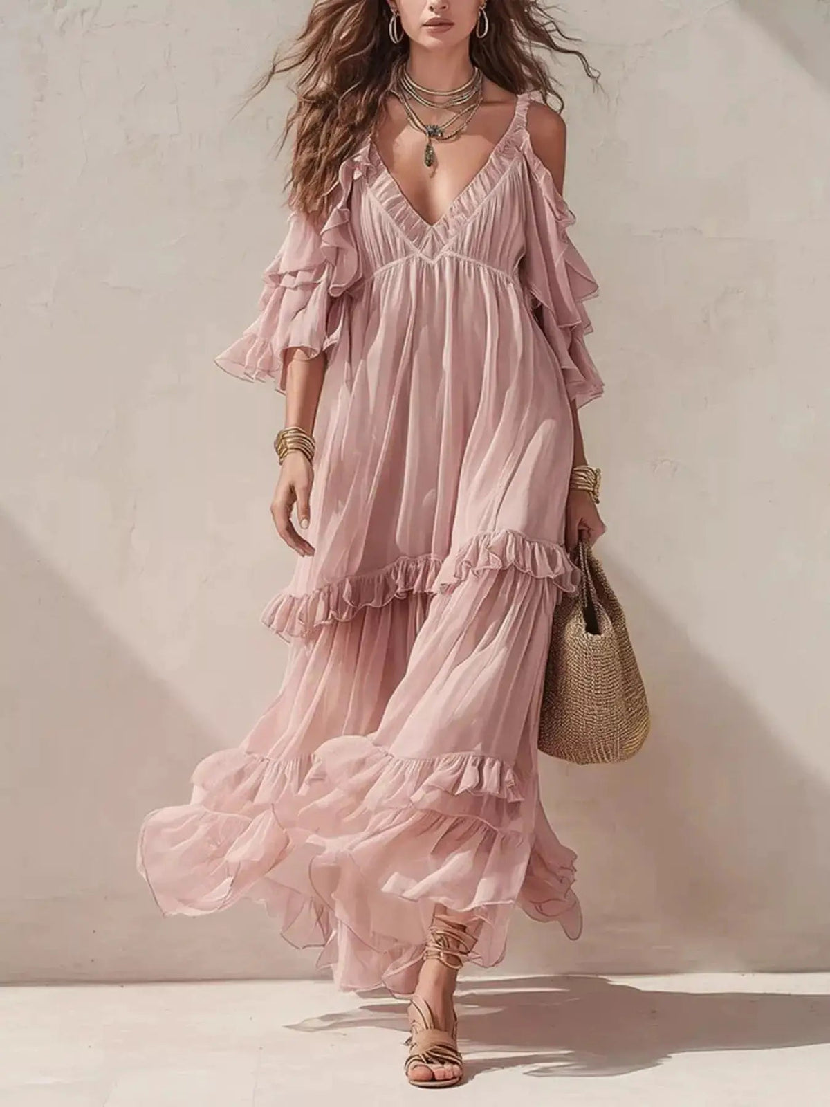 Cold-Shoulder Ruffled Maxi Dress - Bitsy Gypsy Boutique