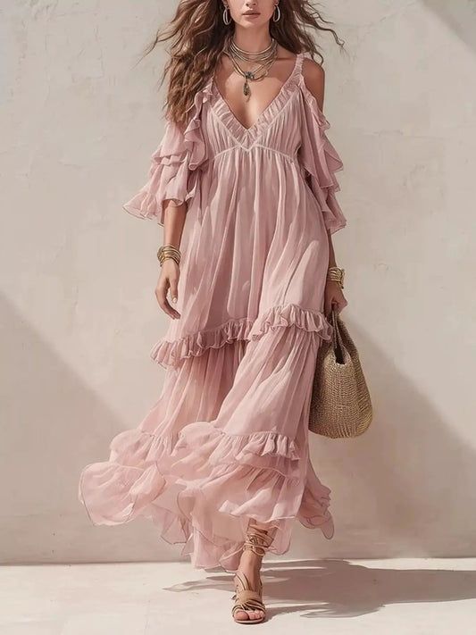 Cold-Shoulder Ruffled Maxi Dress - Bitsy Gypsy Boutique