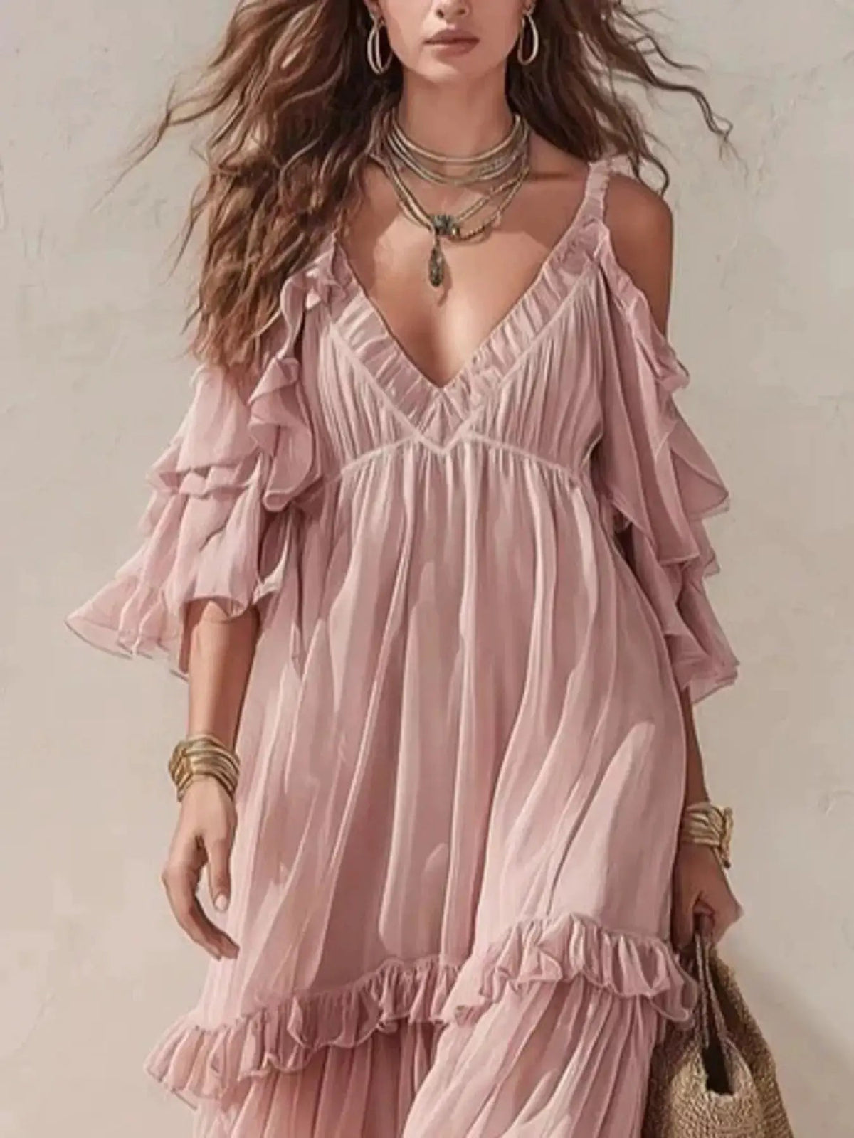 Cold-Shoulder Ruffled Maxi Dress - Bitsy Gypsy Boutique