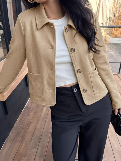 Collared Neck Button Up Jacket by Trendsi