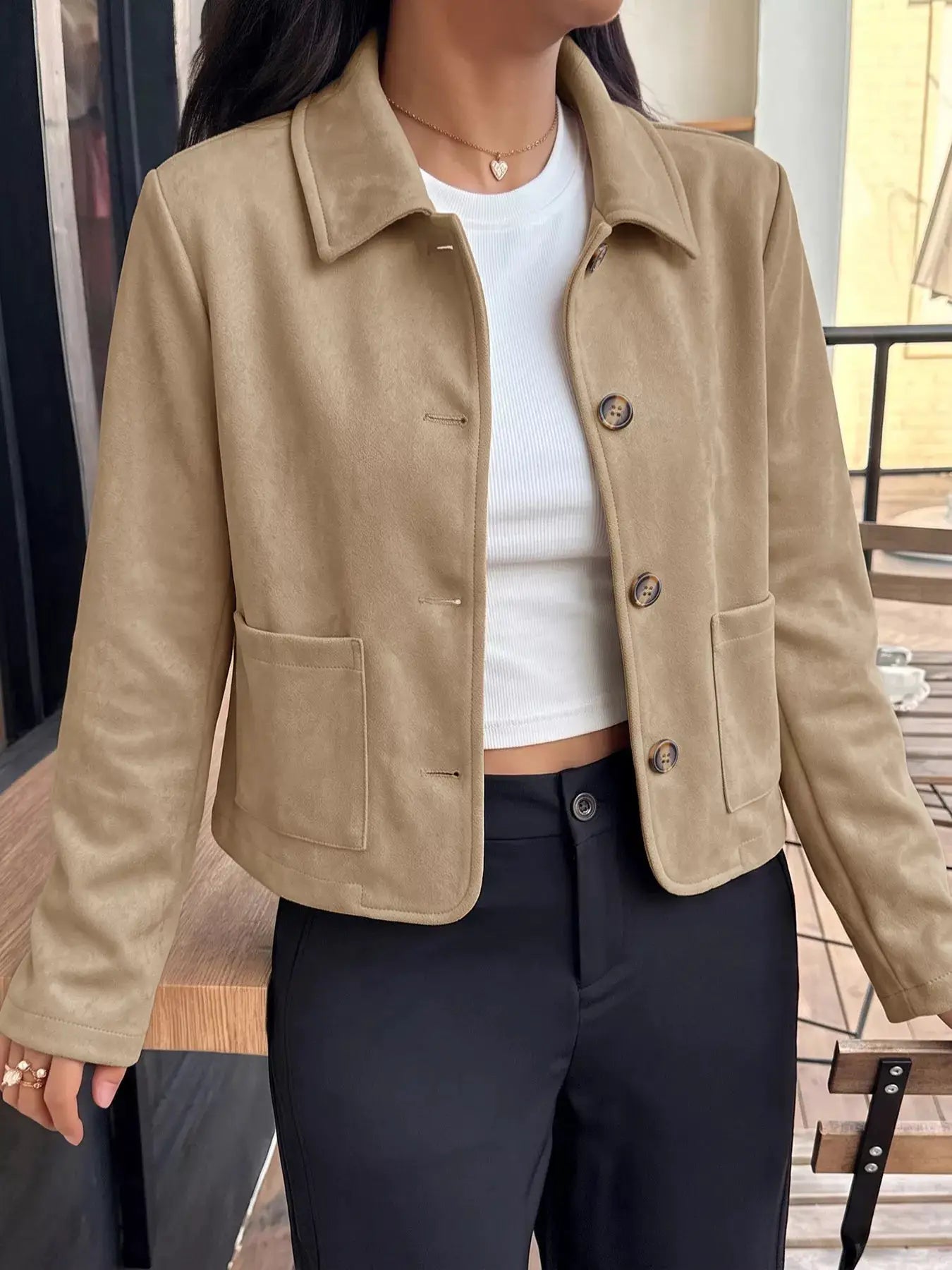 Collared Neck Button Up Jacket by Trendsi