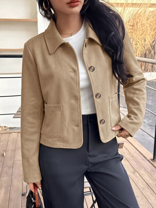 Collared Neck Button Up Jacket by Trendsi