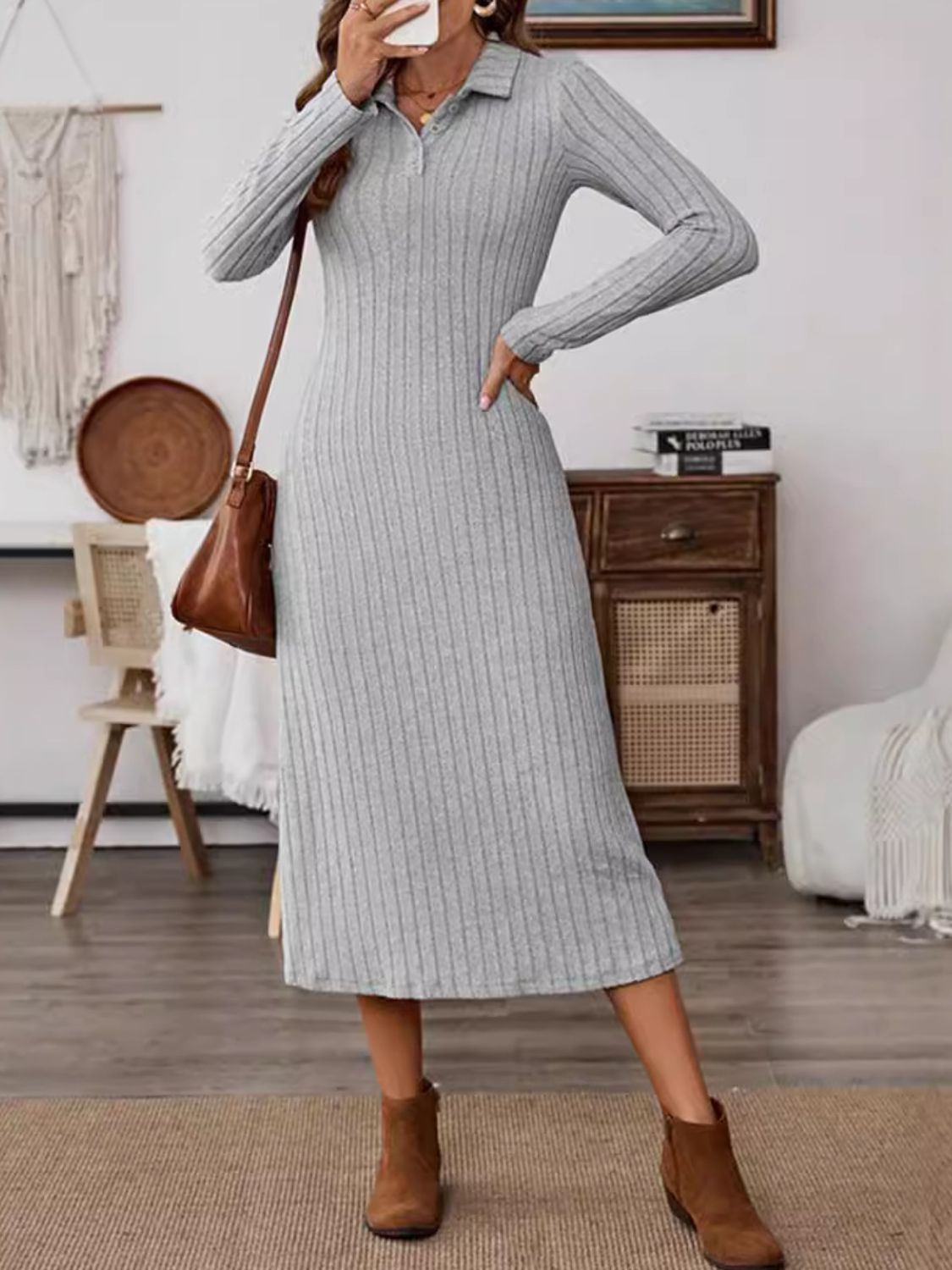 Collared Neck Long Sleeve Midi Dress - Bitsy Gypsy Boutique