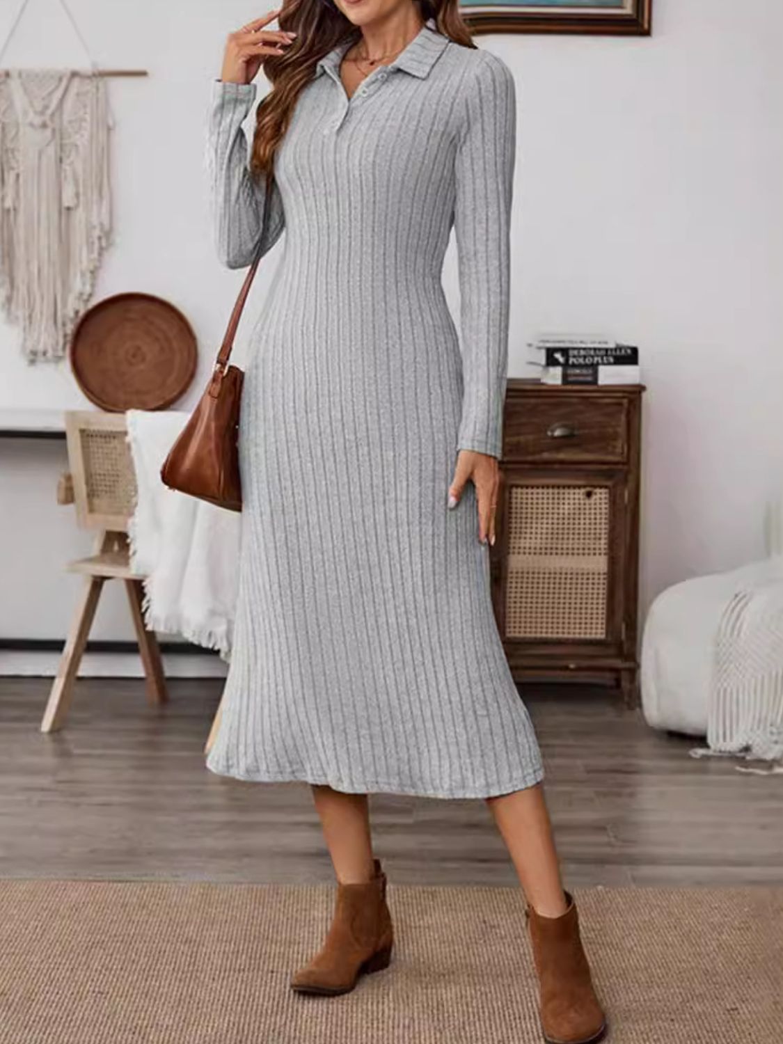 Collared Neck Long Sleeve Midi Dress - Bitsy Gypsy Boutique