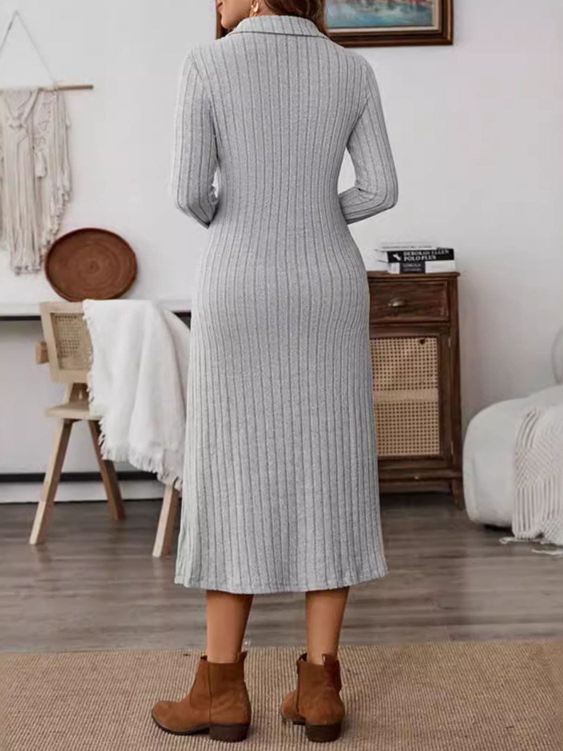 Collared Neck Long Sleeve Midi Dress - Bitsy Gypsy Boutique