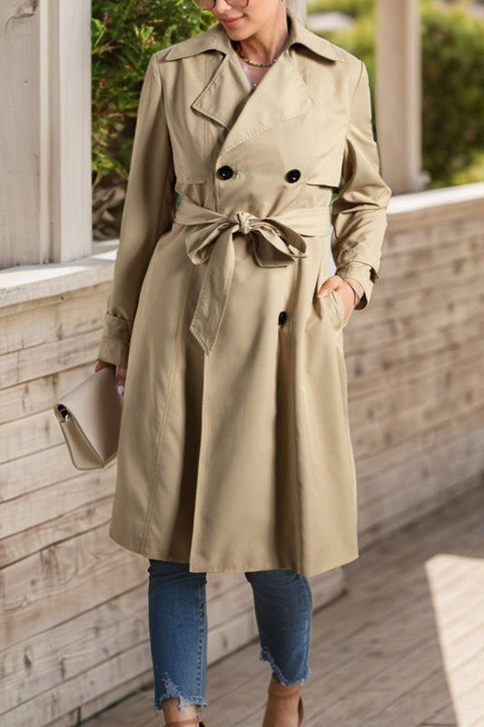 Collared Neck Tie Waist Buttoned Long Sleeve Trench Coat - Bitsy Gypsy Boutique