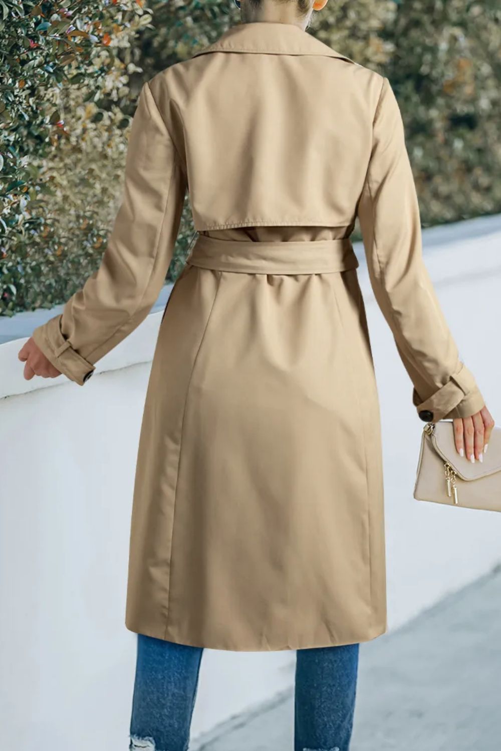 Collared Neck Tie Waist Buttoned Long Sleeve Trench Coat - Bitsy Gypsy Boutique