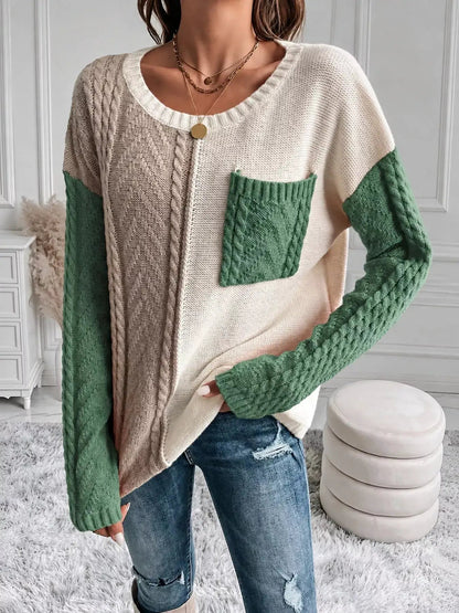 Color Block Cable Knit Long Sleeve Sweater - Bitsy Gypsy Boutique