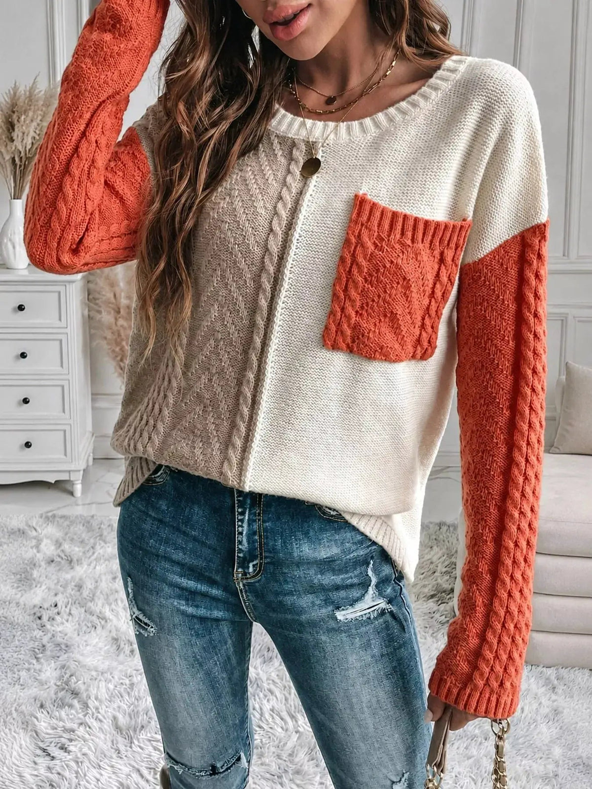 Color Block Cable Knit Long Sleeve Sweater - Bitsy Gypsy Boutique