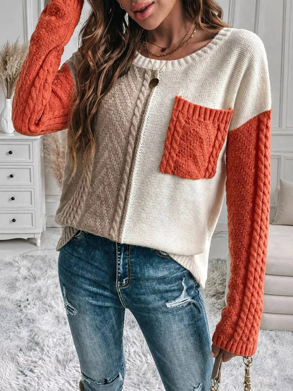 Color Block Cable Knit Long Sleeve Sweater - Bitsy Gypsy Boutique