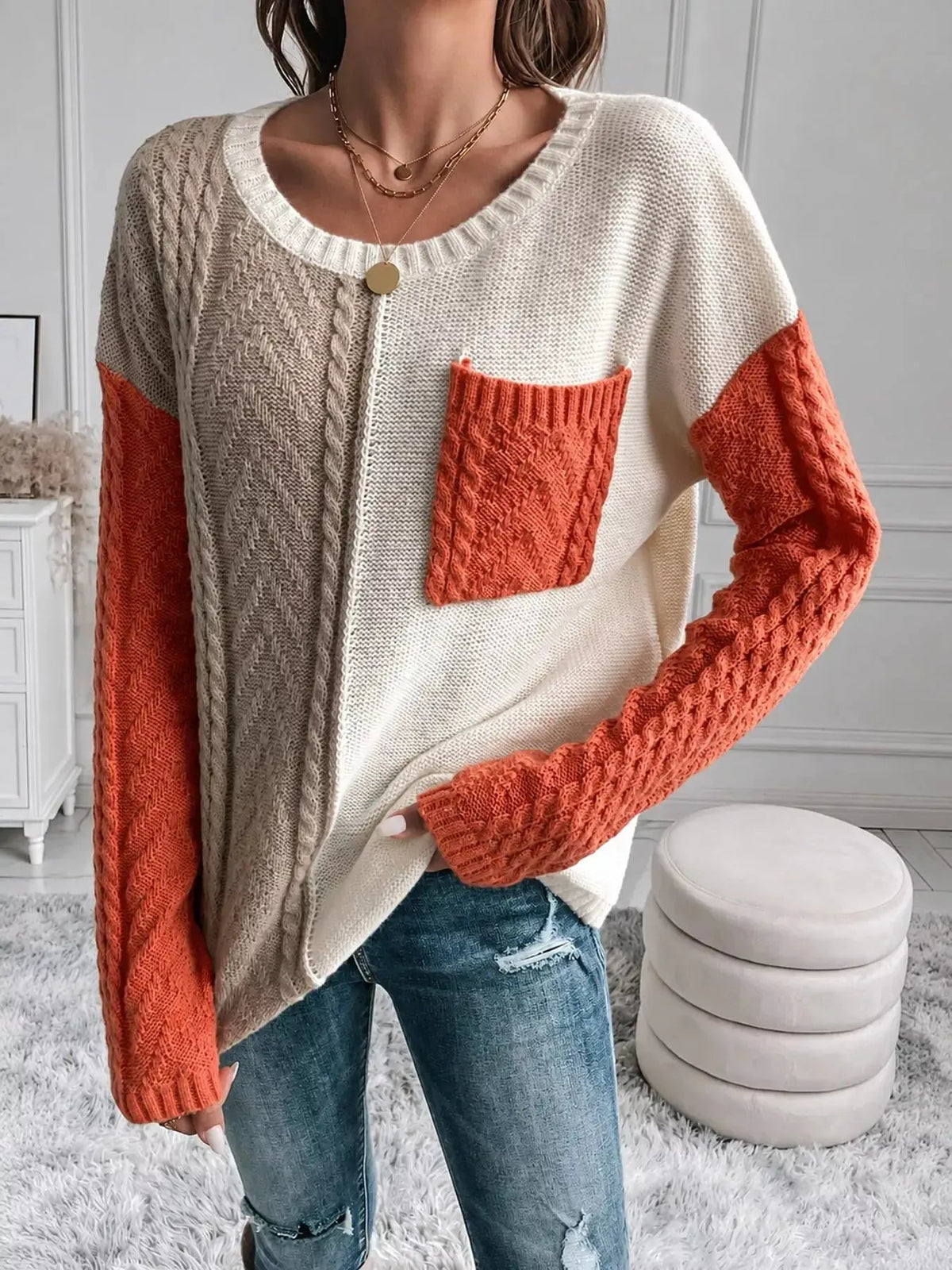 Color Block Cable Knit Long Sleeve Sweater - Bitsy Gypsy Boutique