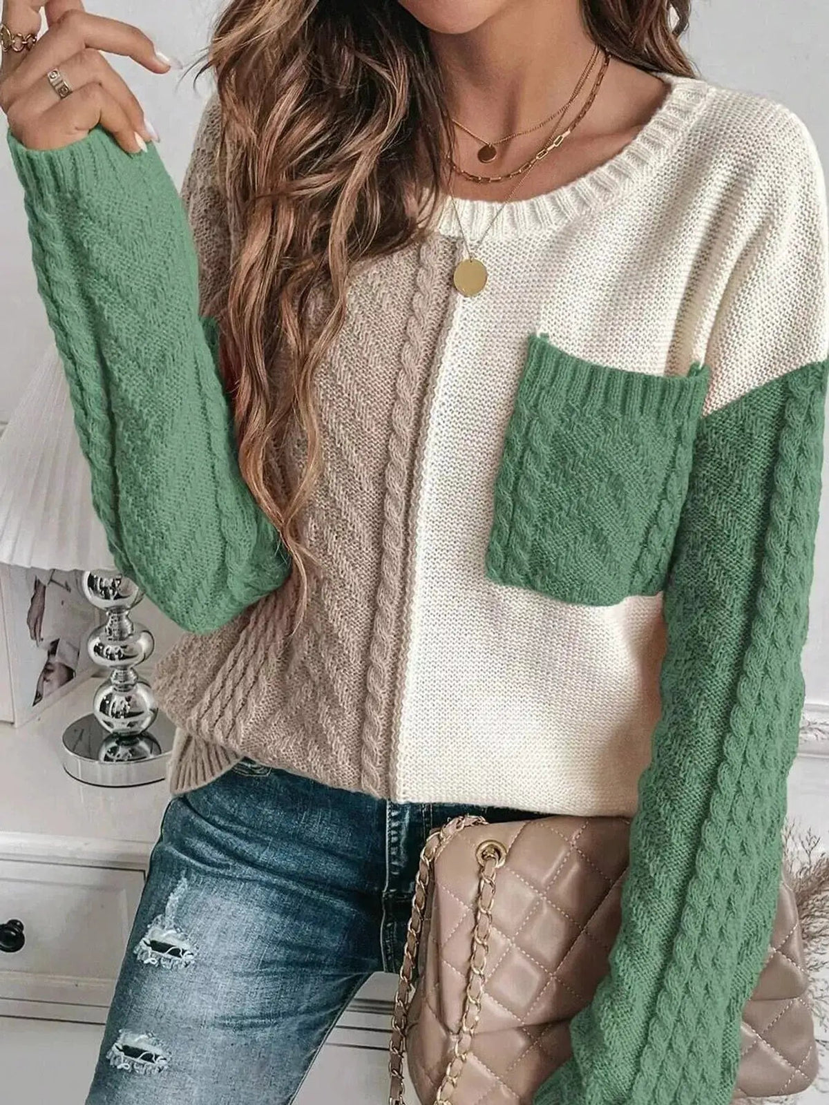 Color Block Cable Knit Long Sleeve Sweater - Bitsy Gypsy Boutique