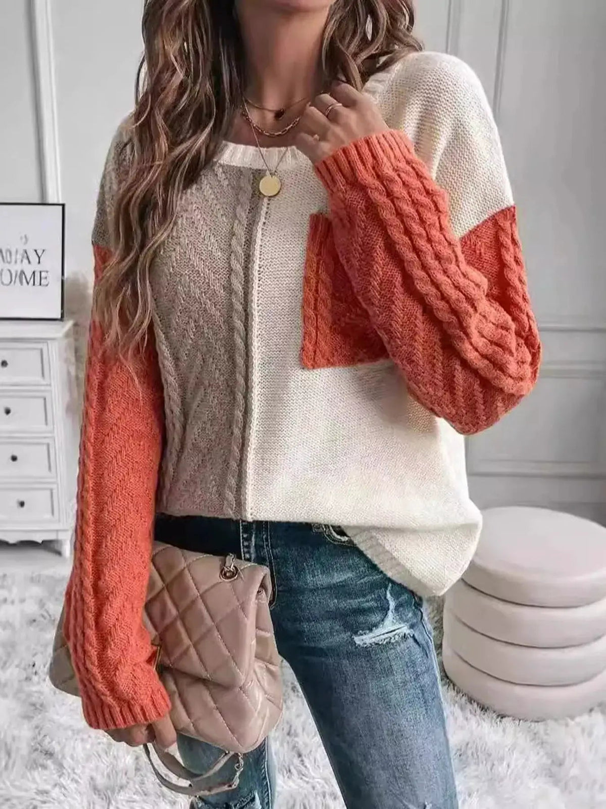 Color Block Cable Knit Long Sleeve Sweater - Bitsy Gypsy Boutique