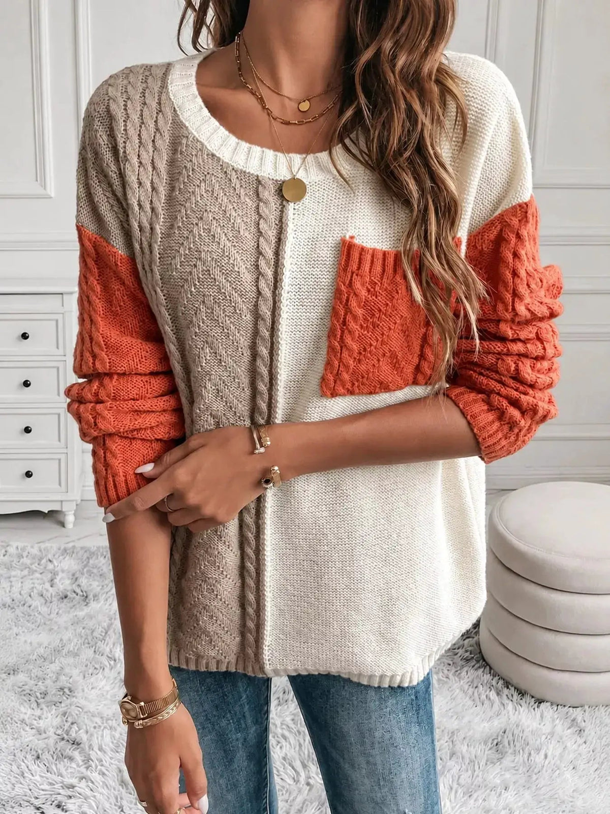 Color Block Cable Knit Long Sleeve Sweater - Bitsy Gypsy Boutique